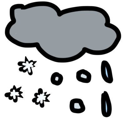 a grey cloud with three snowflakes, three hailstones, and two raindrops coming from it.
